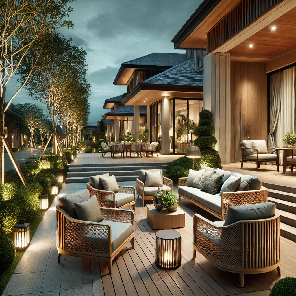luxurious villa exterior featuring elegant outdoor furnishings such as weather-resistant wicker furniture, teak wood seating, and plush fabrics.